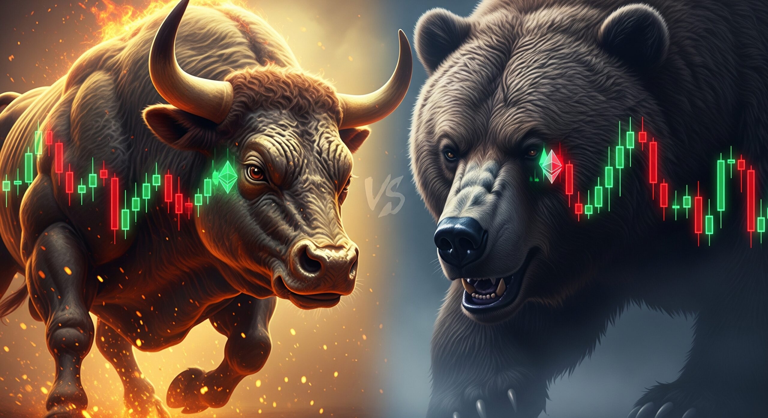 Bear and bull market illustration showing a golden bull and dark bear with crypto candlestick charts reflected in their eyes