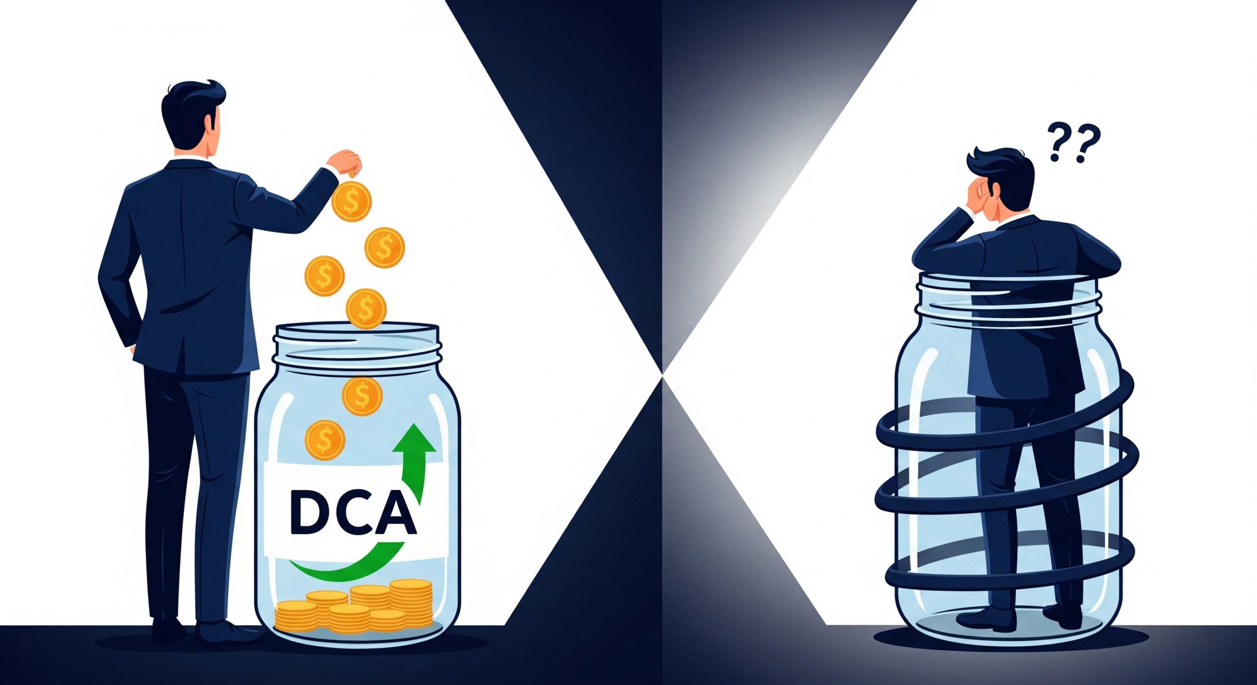 Split illustration showing dollar cost averaging as both a safe investment strategy and a trap for beginners with a coin jar and upward green arrow on one side and a confused investor trapped inside on the other