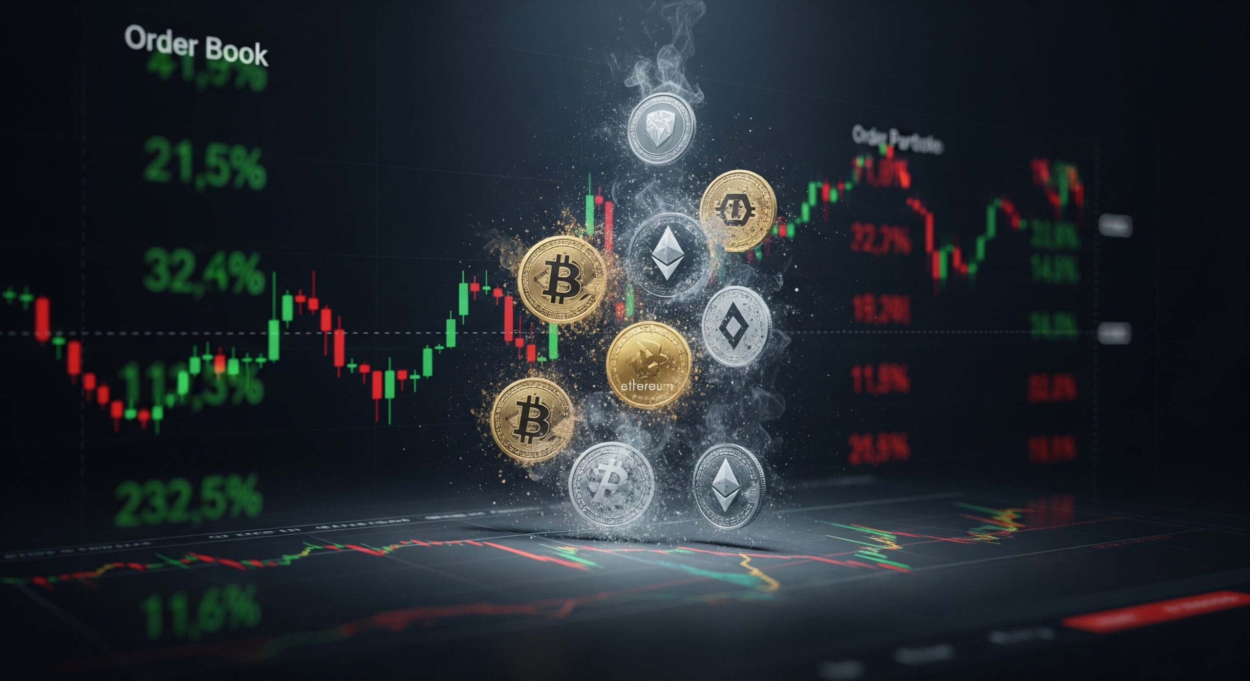 Crypto portfolio draining due to low liquidity in cryptocurrency with dissolving coins and fading order book numbers on a dark background