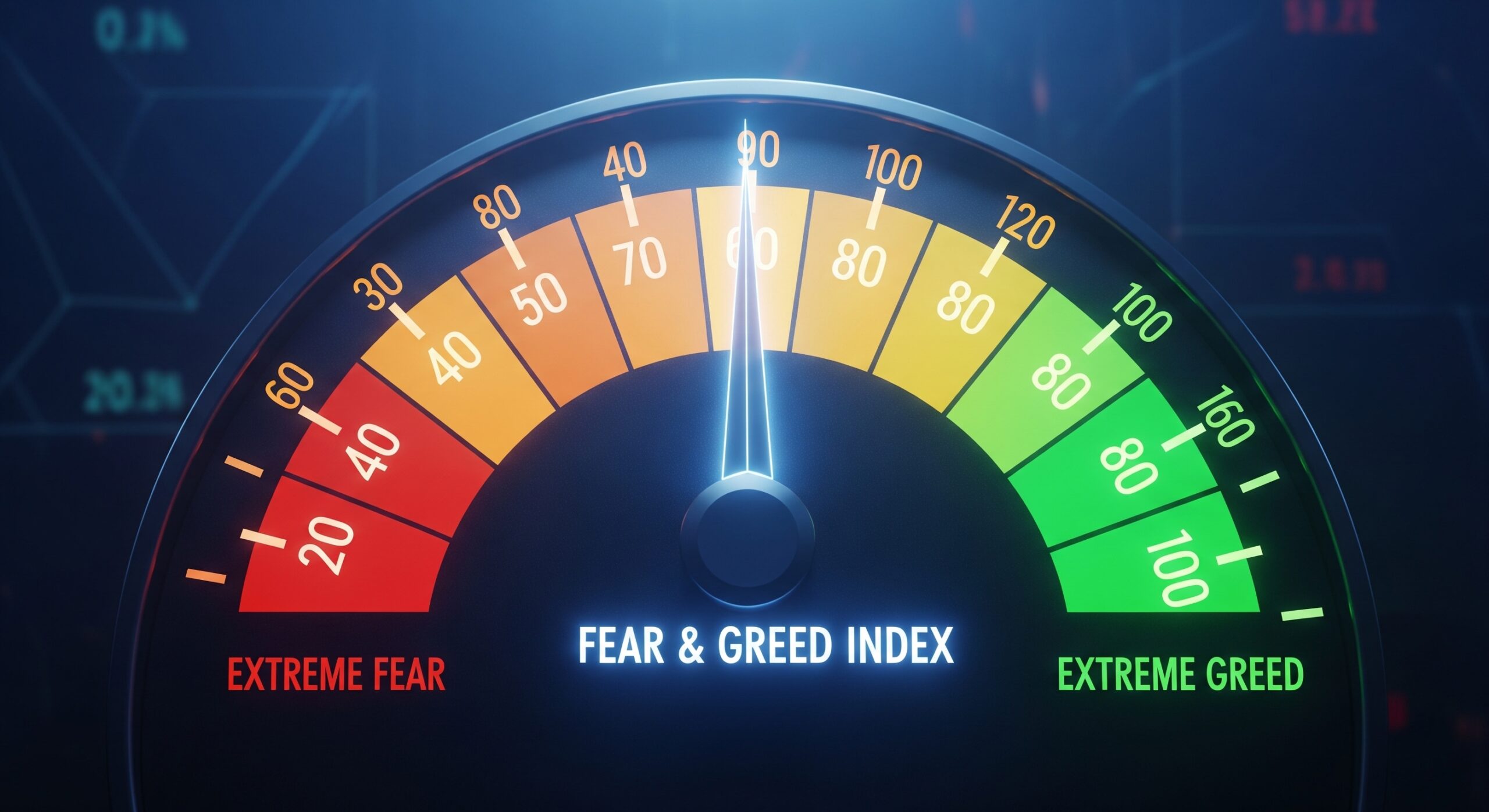 crypto fear and greed index speedometer gauge showing extreme fear zone with color scale from red to green