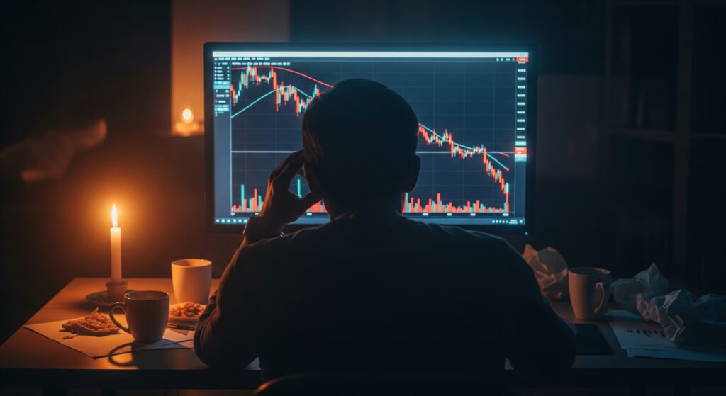 Crypto investor sitting at desk late at night watching red crypto fear and greed index chart with one candle in dim lighting