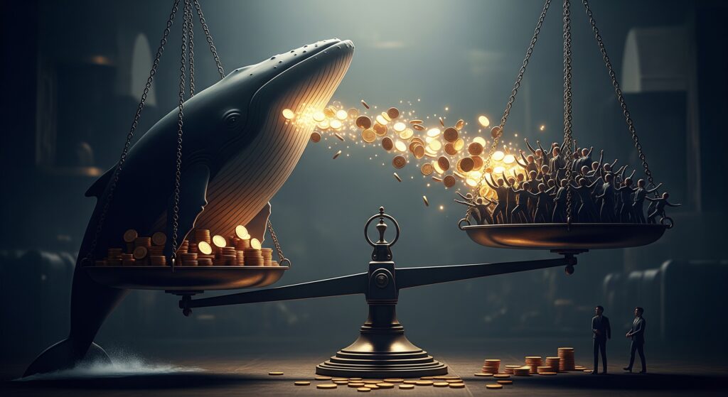 Crypto whale using retail traders as exit liquidity illustrated as an unbalanced scale with coins flowing toward the whale