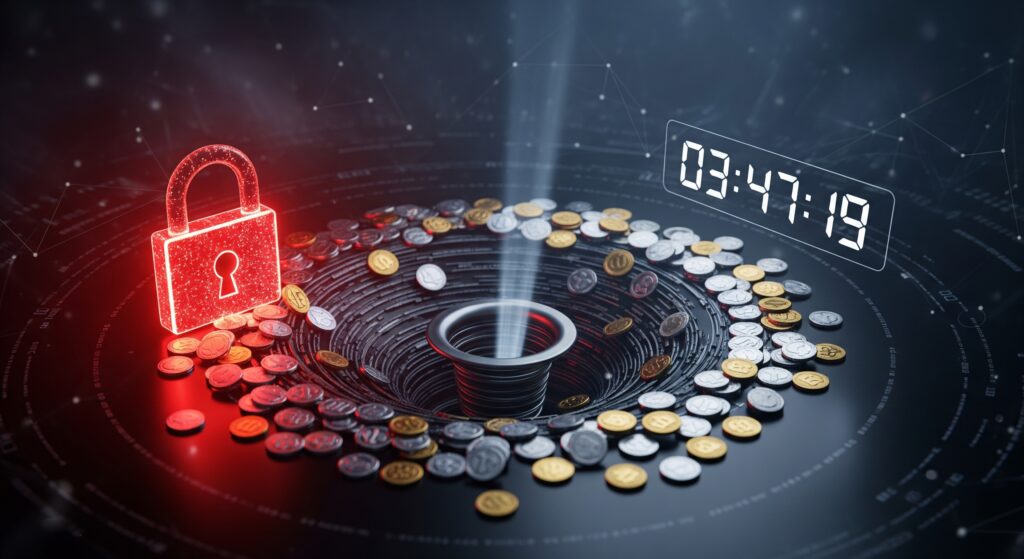 DeFi crypto liquidity pool with locked liquidity padlock and countdown timer showing rug pull risk with coins draining like a whirlpool