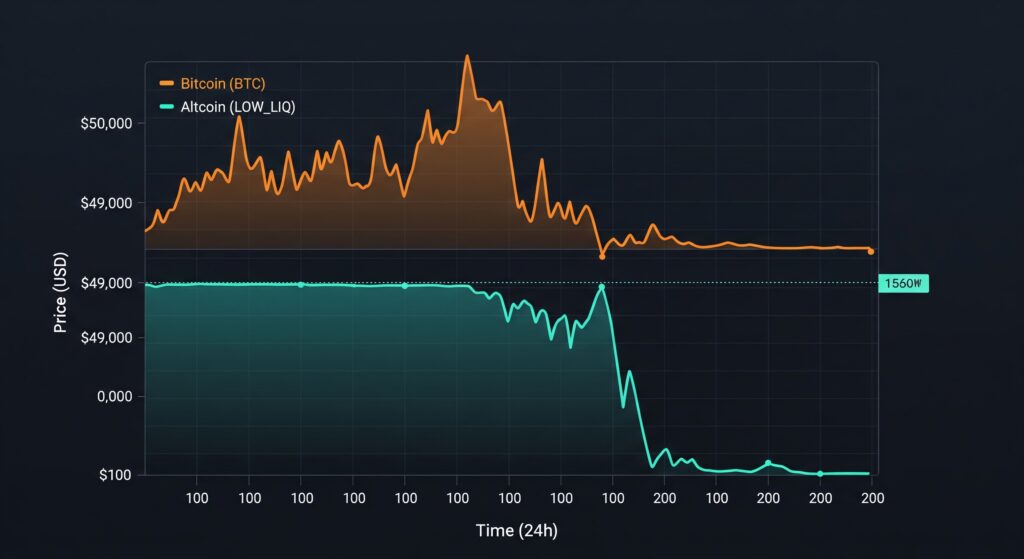 Crypto market liquidity chart comparing Bitcoin's stable liquidity line against a low liquidity altcoin crashing during a bear market