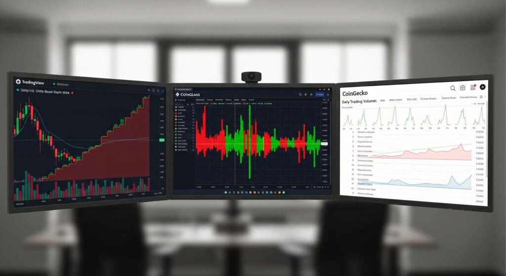  Crypto analyst checking liquidity using Coinglass heatmap, TradingView order book depth chart, and CoinGecko volume tracker on multiple screens