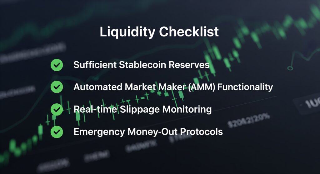 Crypto liquidity checklist for traders showing order book depth, volume ratio, and exit planning steps in a dark terminal interface