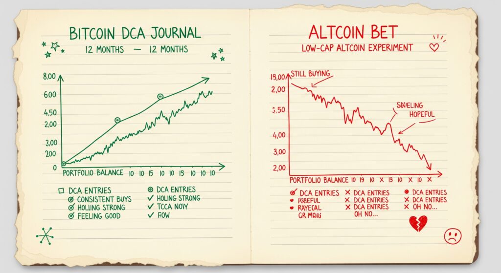  Personal investment journal showing successful dollar cost averaging into Bitcoin with growing balance on one page and a failing DCA strategy into a low-cap altcoin losing value on the other page