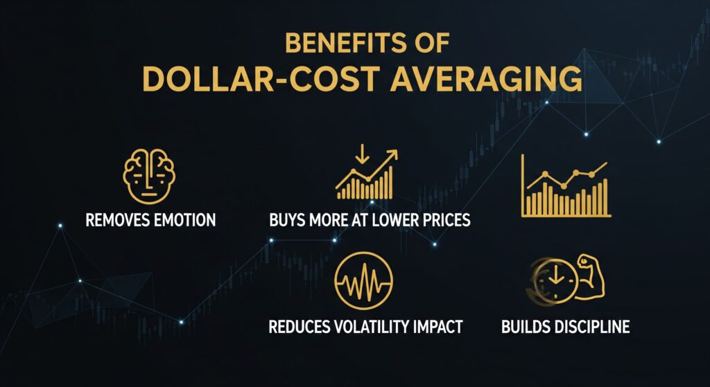  Infographic showing the four key benefits of dollar cost averaging in crypto including removing emotion, buying more at lower prices, reducing volatility impact, and building investment discipline