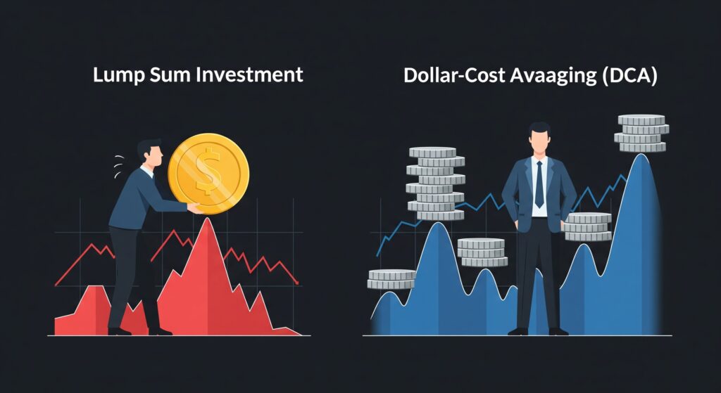 Dollar cost averaging vs lump sum investing comparison showing a nervous lump sum investor buying at peak price versus a composed DCA investor buying consistently at multiple price points