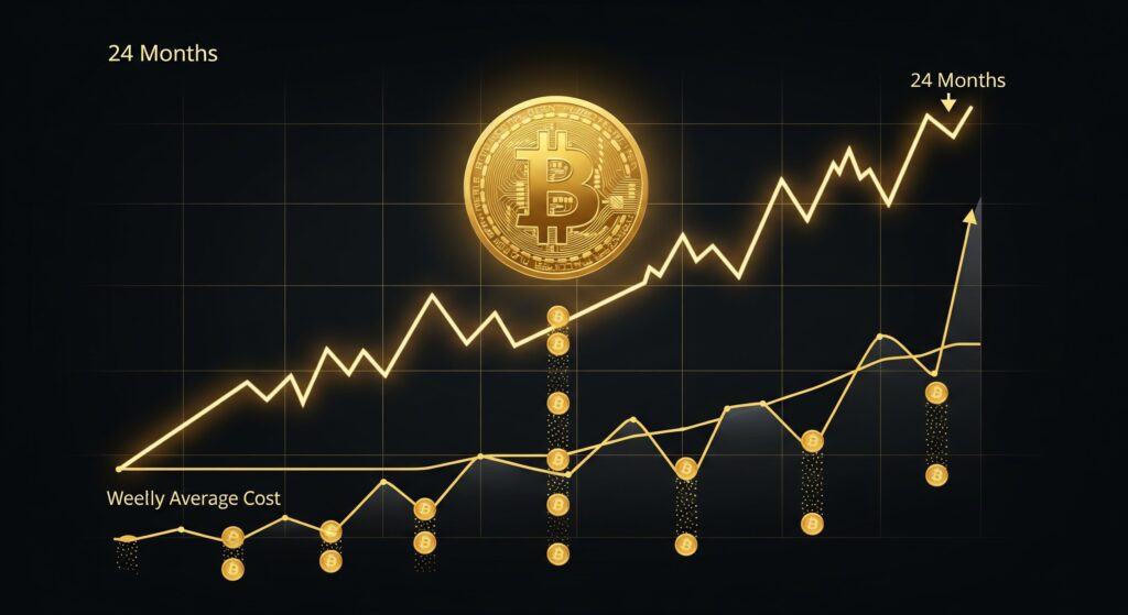  Dollar cost averaging Bitcoin chart showing weekly coin purchases at market dips with a rising price line over 24 months and an average cost basis line comfortably below current Bitcoin price
