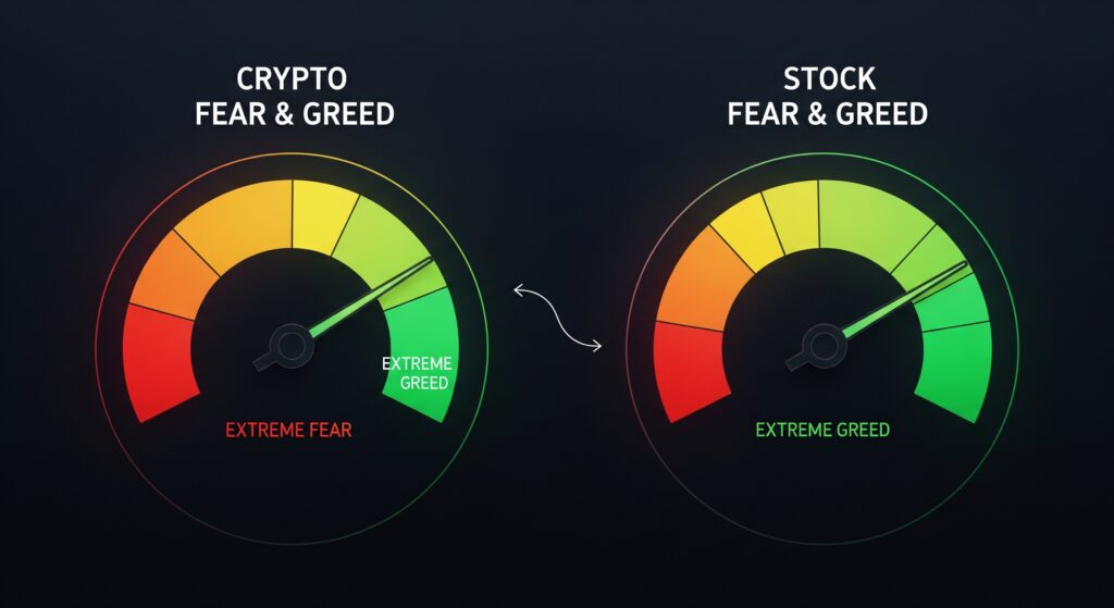 Stock market fear and greed index gauge compared side by side with crypto fear and greed index showing market correlation