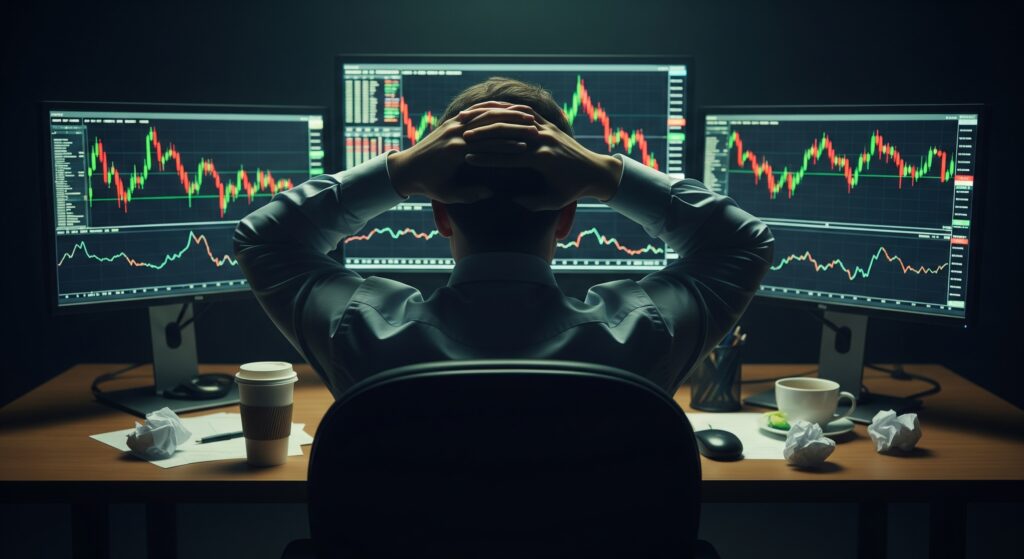 Crypto trader realizing a bull trap loss late at night with green candles turning red on multiple screens