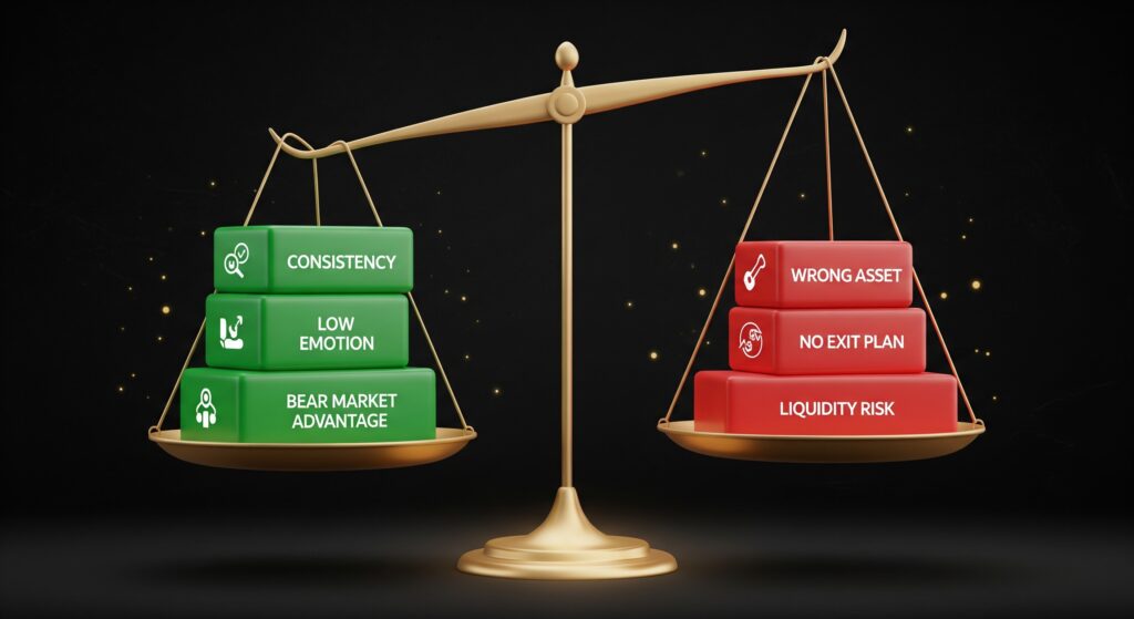  Balanced scale showing the positive factors of dollar cost averaging strategy including consistency and bear market advantage against the risk factors of wrong asset choice and no exit plan