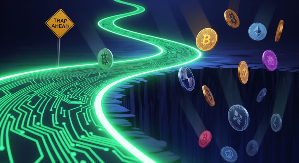  Dollar cost averaging path appearing safe and green for crypto beginners that zooms out to reveal a dark trap pit ahead representing common DCA mistakes beginners make
