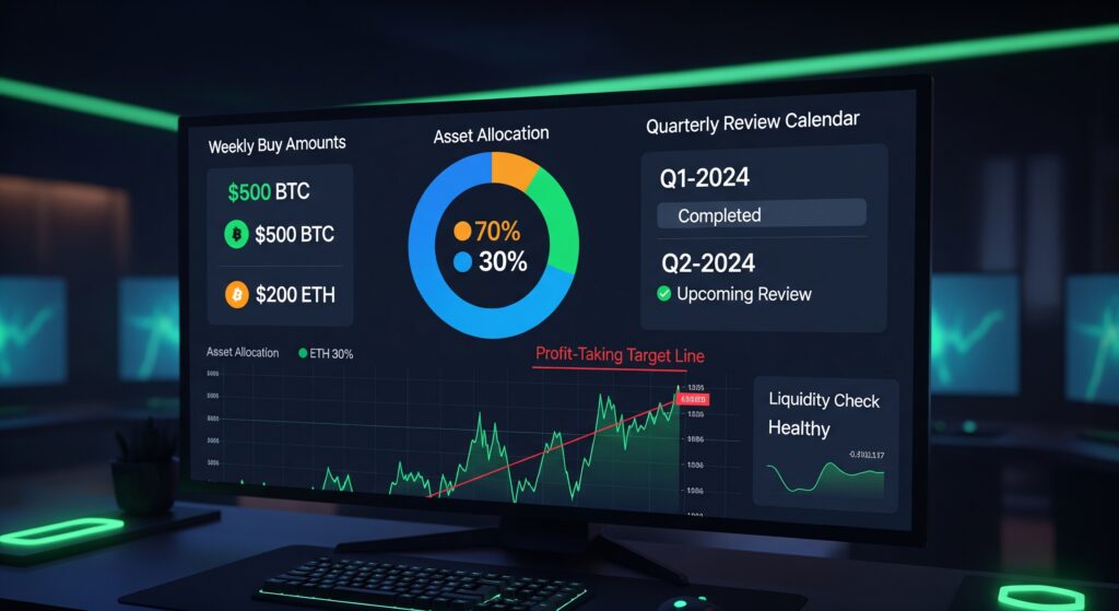  Professional dollar cost averaging crypto strategy dashboard showing weekly Bitcoin and Ethereum buy setup with liquidity indicators profit-taking target lines and quarterly review calendar on a dark terminal interface