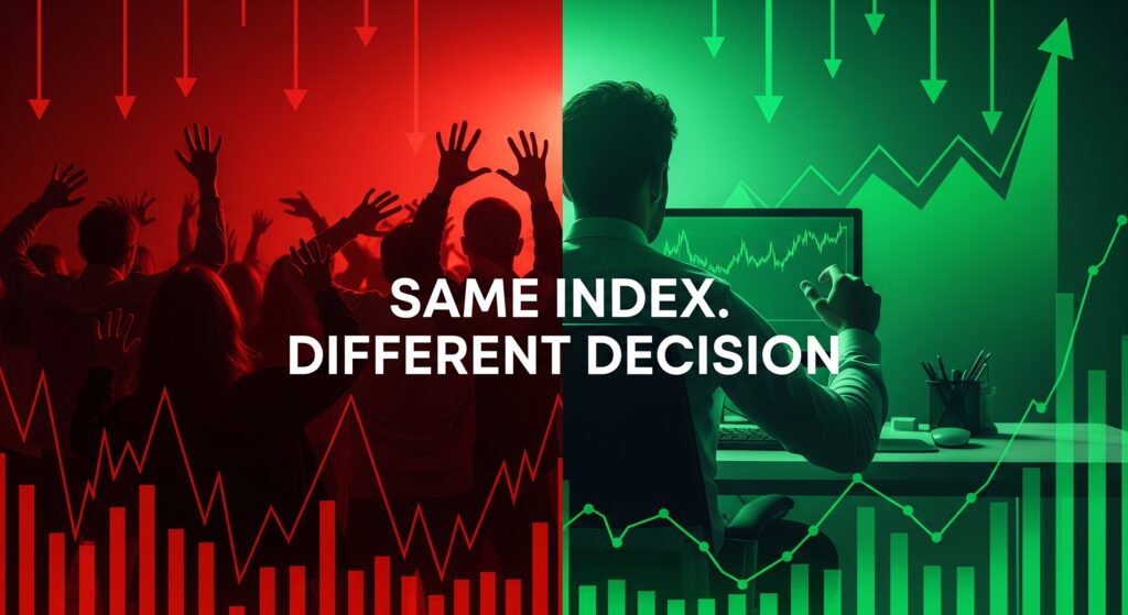 How to use the fear and greed index showing panicking crowd with falling charts versus confident investor with rising charts and same index different decision text overlay