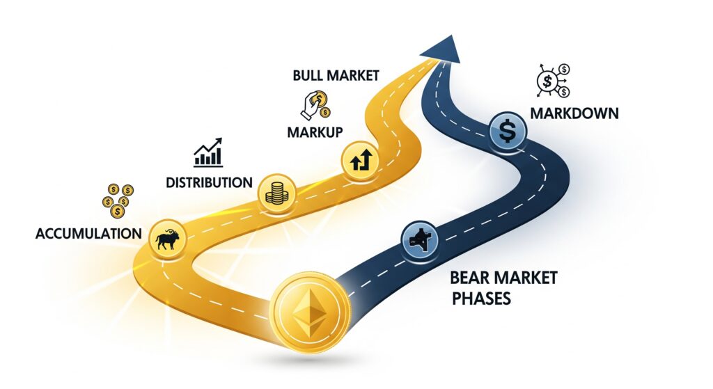 Infographic showing bull market and bear market phases with gold and dark blue paths and crypto coin in the center
