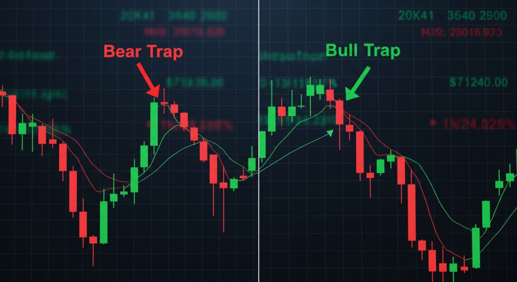Crypto candlestick chart showing a bear trap with V-shaped recovery on one side and a bull trap fake breakout and crash on the other side