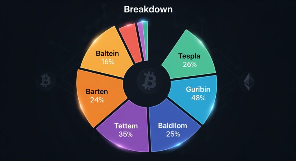 Crypto fear and greed index breakdown showing six components as a labeled pie chart with glowing segments on dark background