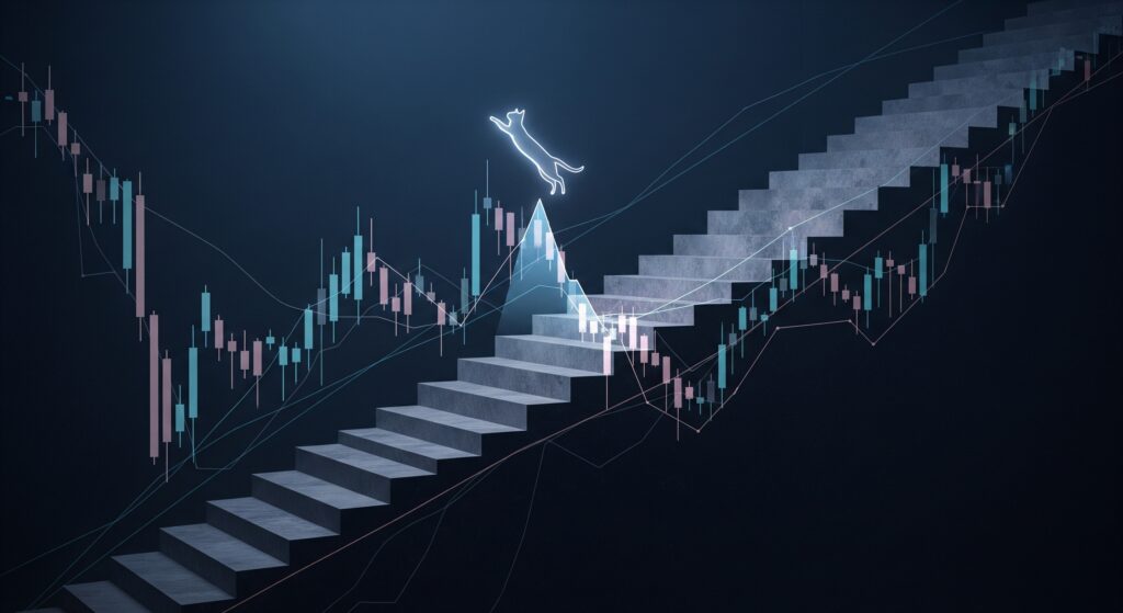 Dark illustration of a downward crypto price staircase with a dead cat bounce mid-chart and a faint cat silhouette representing the temporary recovery
