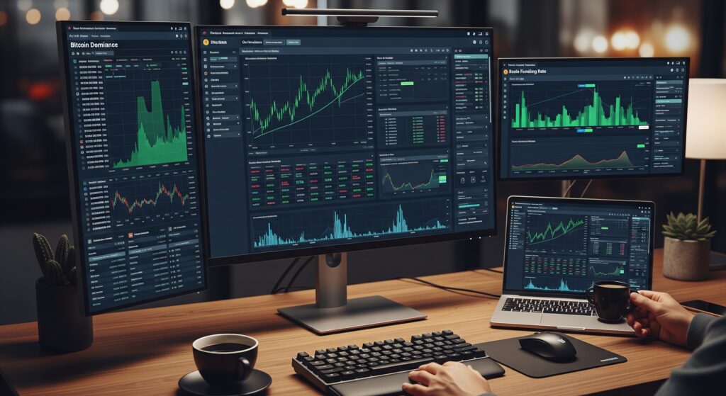 A professional crypto analyst reviewing on-chain data dashboards and Bitcoin dominance charts on multiple monitors in a modern workspace