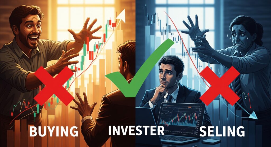 Split image showing a trader buying at the bull market peak and panic selling at the bear market bottom with X marks, and a calm investor reviewing charts with a checkmark