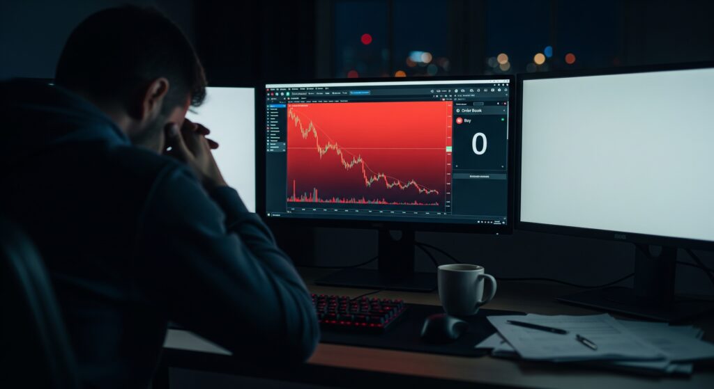  Frustrated crypto trader unable to sell a low liquidity altcoin at night with an empty order book on screen