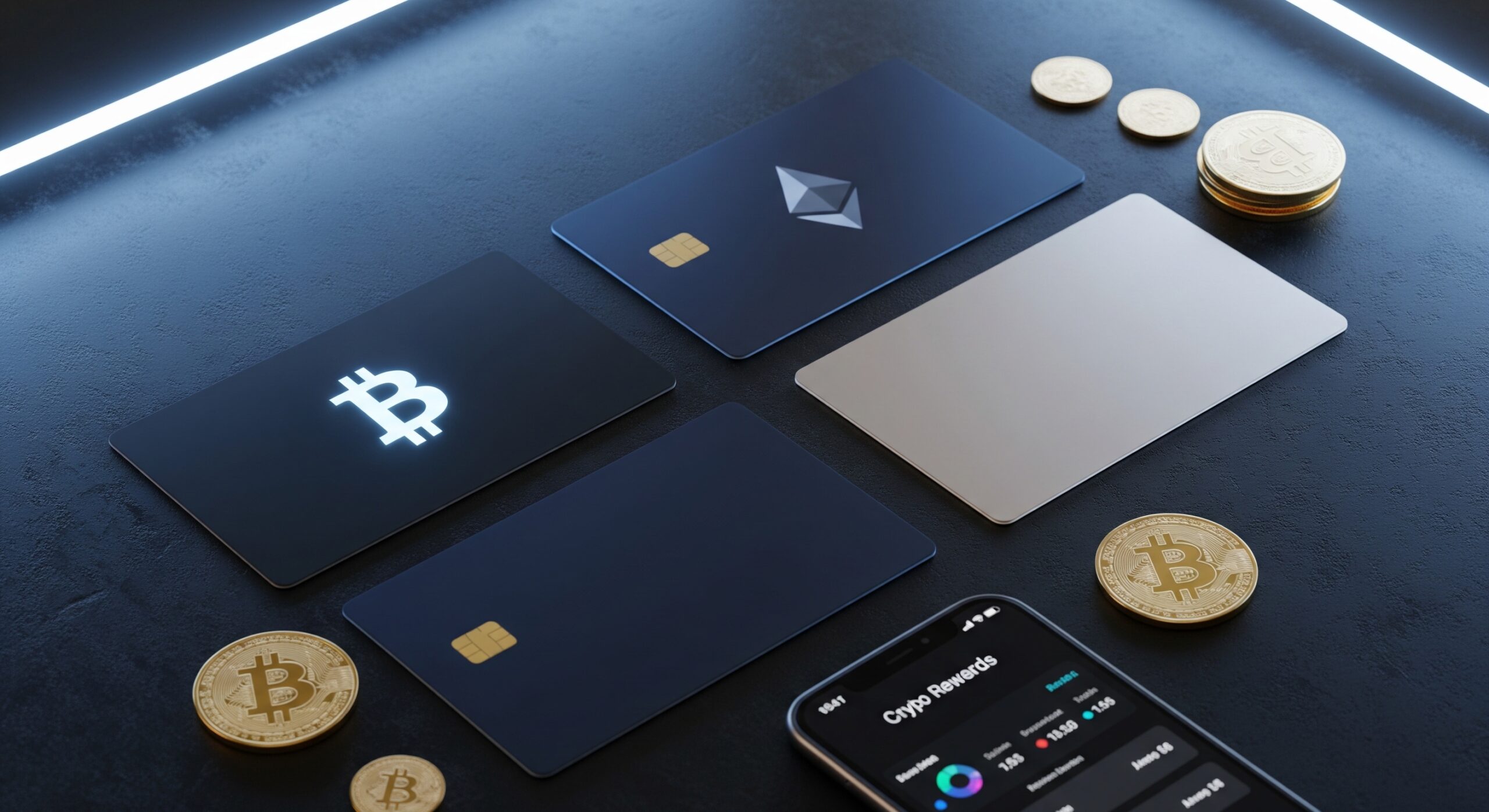 Best crypto credit cards 2026 laid on dark surface with Bitcoin coins and crypto rewards dashboard