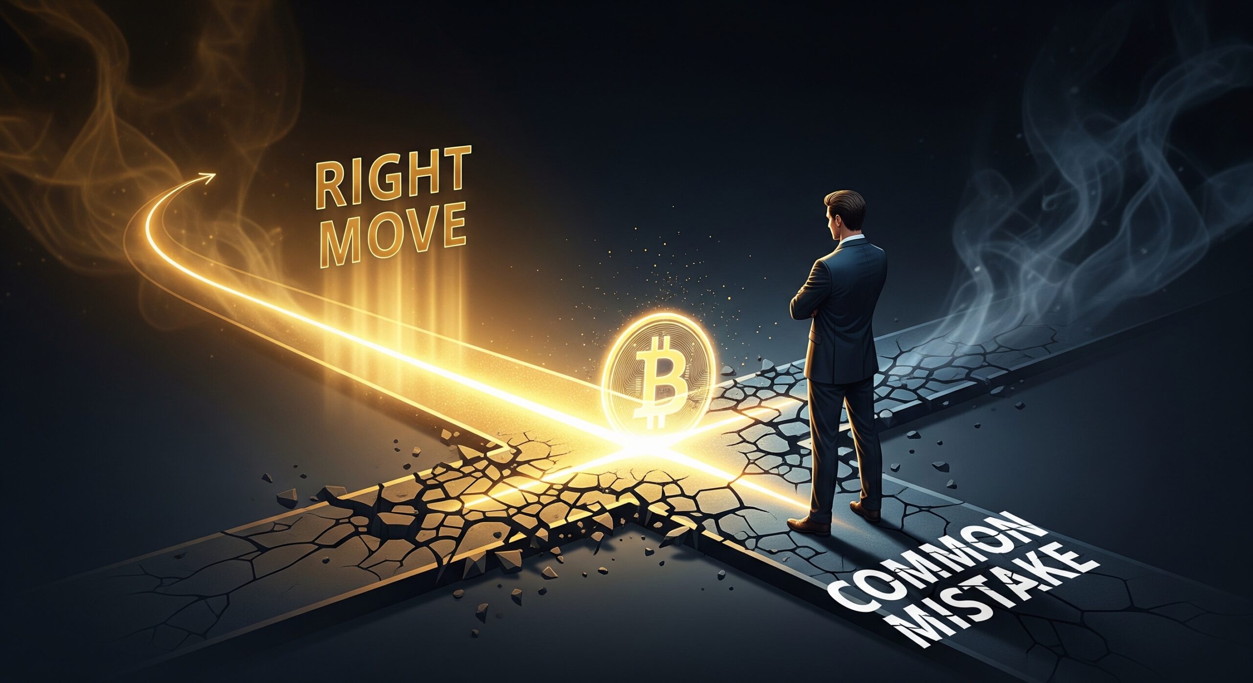 Investor at a Bitcoin crossroads choosing between the right investment path and a common mistake with a glowing Bitcoin logo at the center on a dark, dramatic background