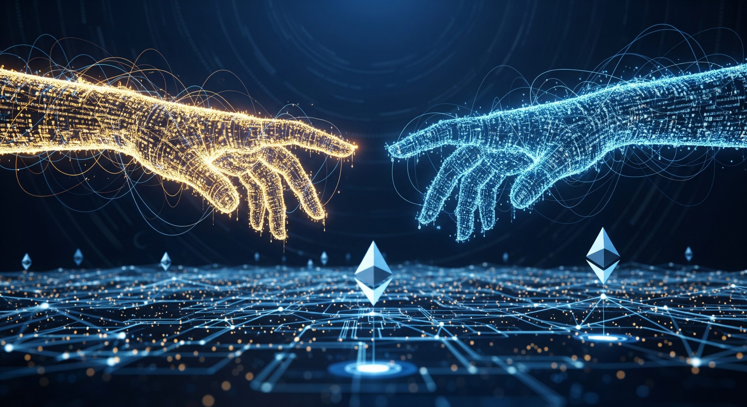 Smart contracts on blockchain shown as a glowing digital handshake made of code above a decentralized blockchain network