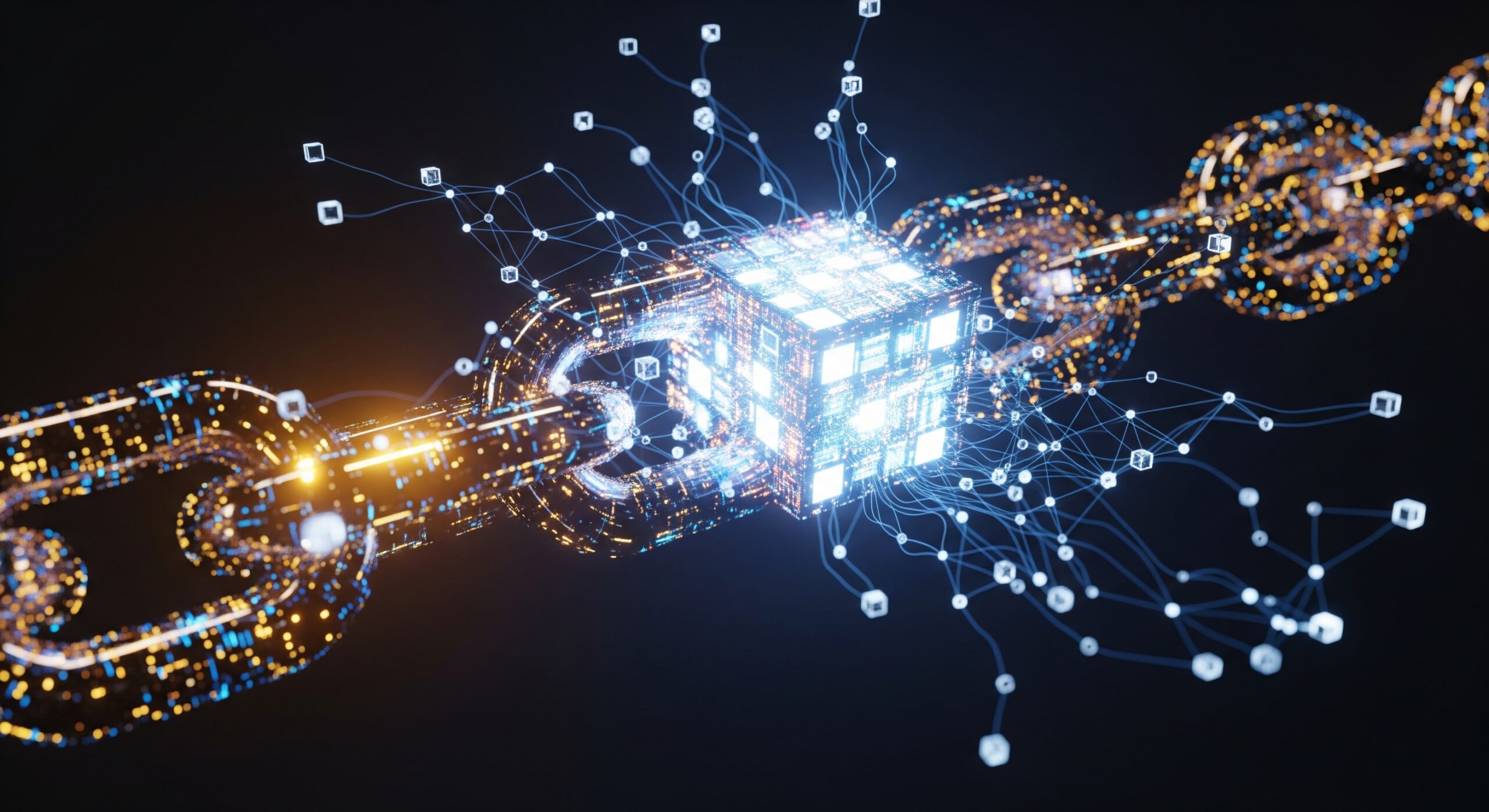 Glowing chain of interconnected digital blocks floating in dark space connected by luminous lines to thousands of computer nodes illustrating what blockchain technology is and how it works