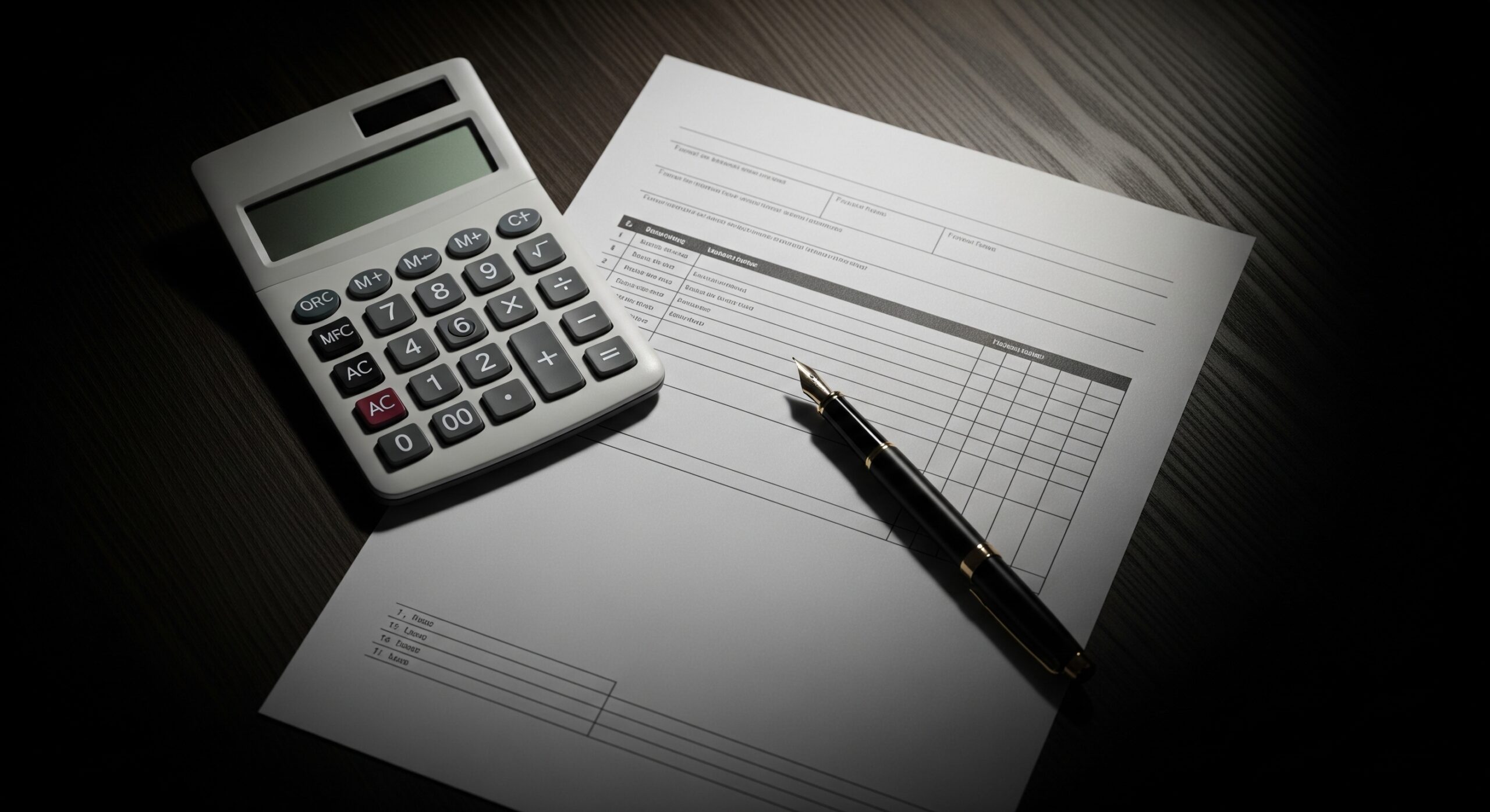 A top-down macro view of a dark wooden workspace featuring a financial calculator, a blank tax document page, and a black fountain pen.