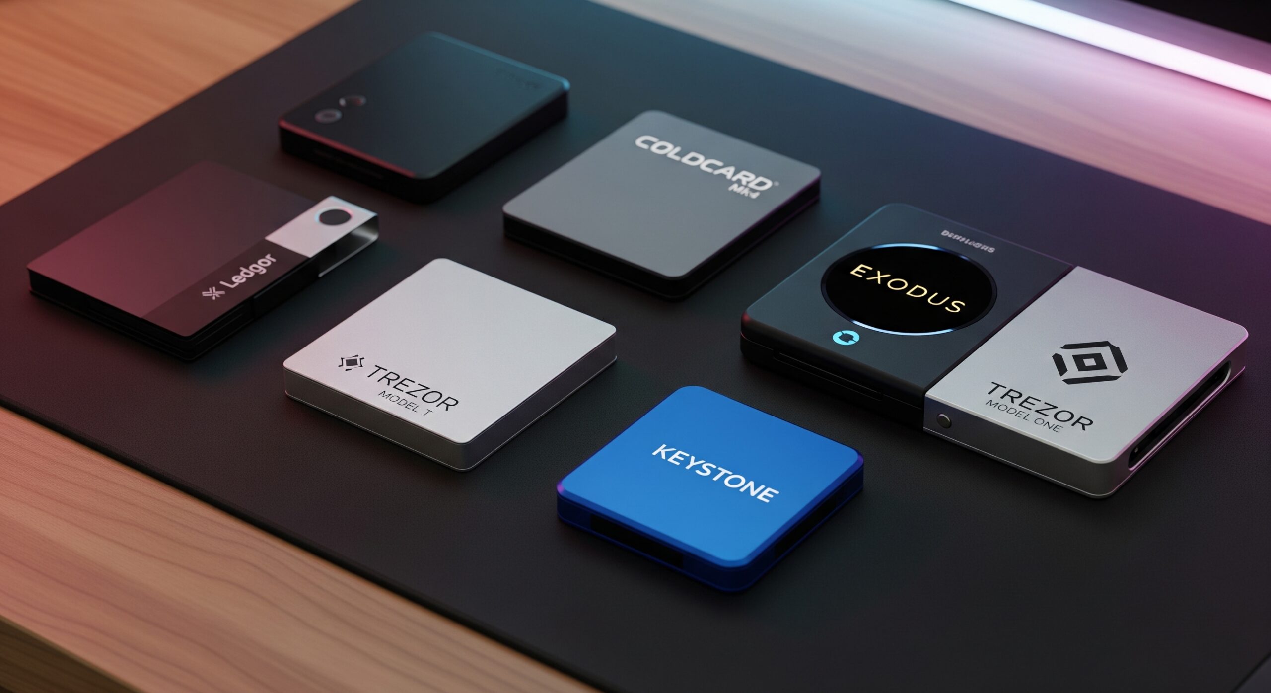 Top 5 cryptocurrency hardware wallets in 2026 including Ledger Trezor and Coldcard laid out on dark surface for secure crypto storage comparison
