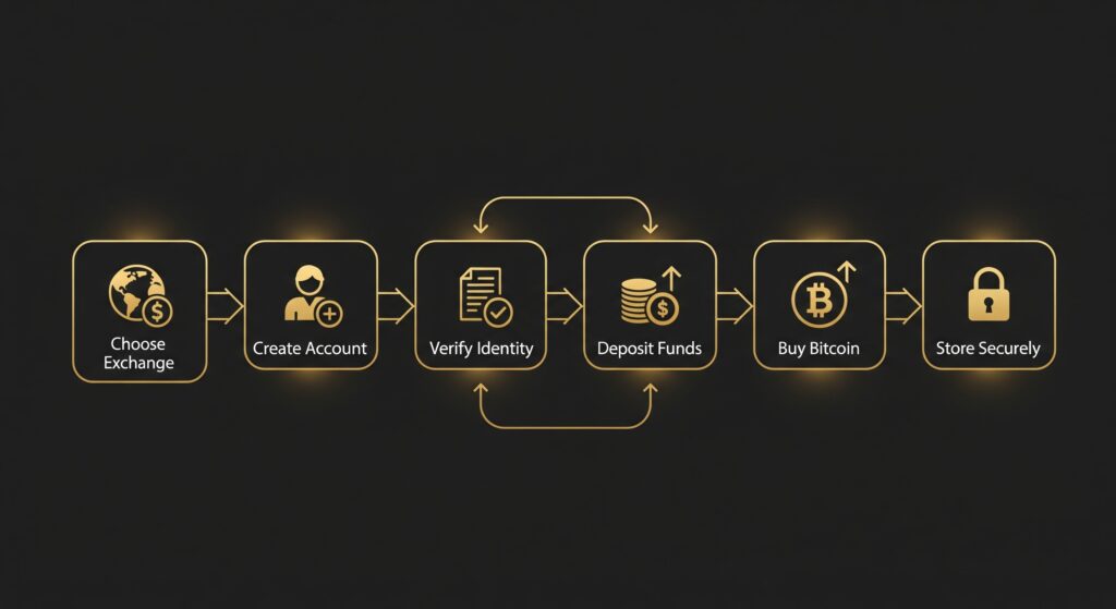 Step-by-step Bitcoin investment process flow diagram showing exchange selection, account creation, identity verification, fund deposit, Bitcoin purchase, and secure storage on dark background