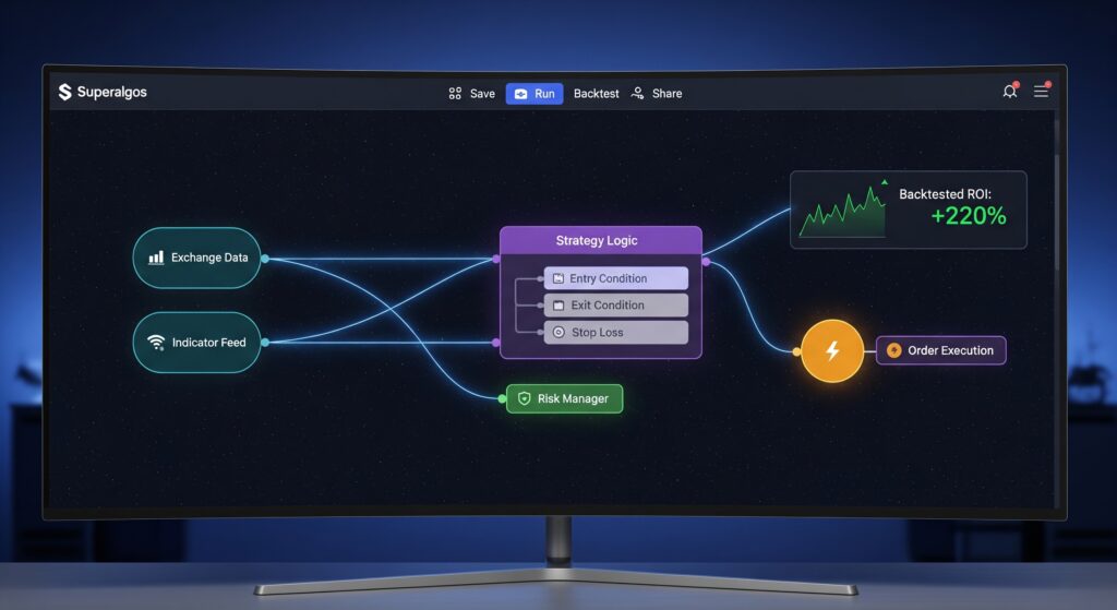 Superalgos open source crypto trading bot with visual node-based strategy design tool