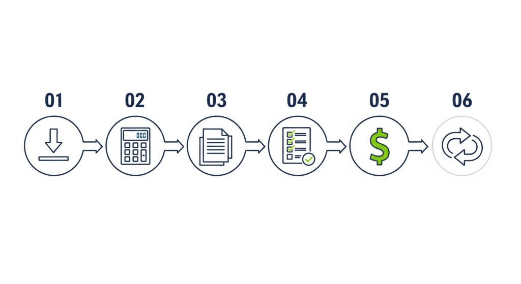 Six-step infographic illustrating the crypto tax loss filing process from records to carryforward