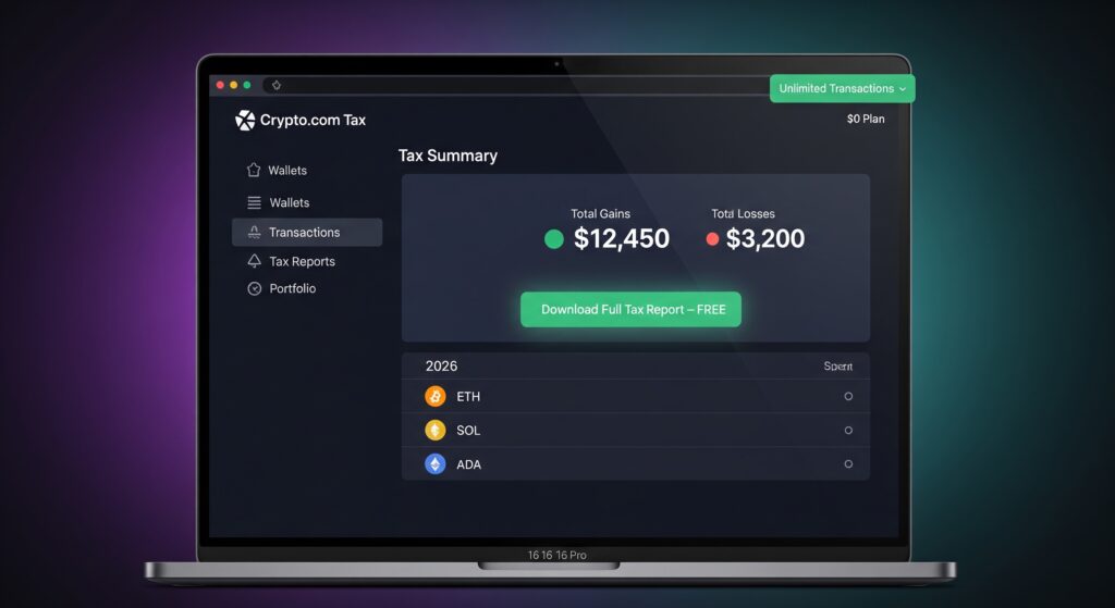 Tax free crypto tax software dashboard showing unlimited free tax report download in 2026