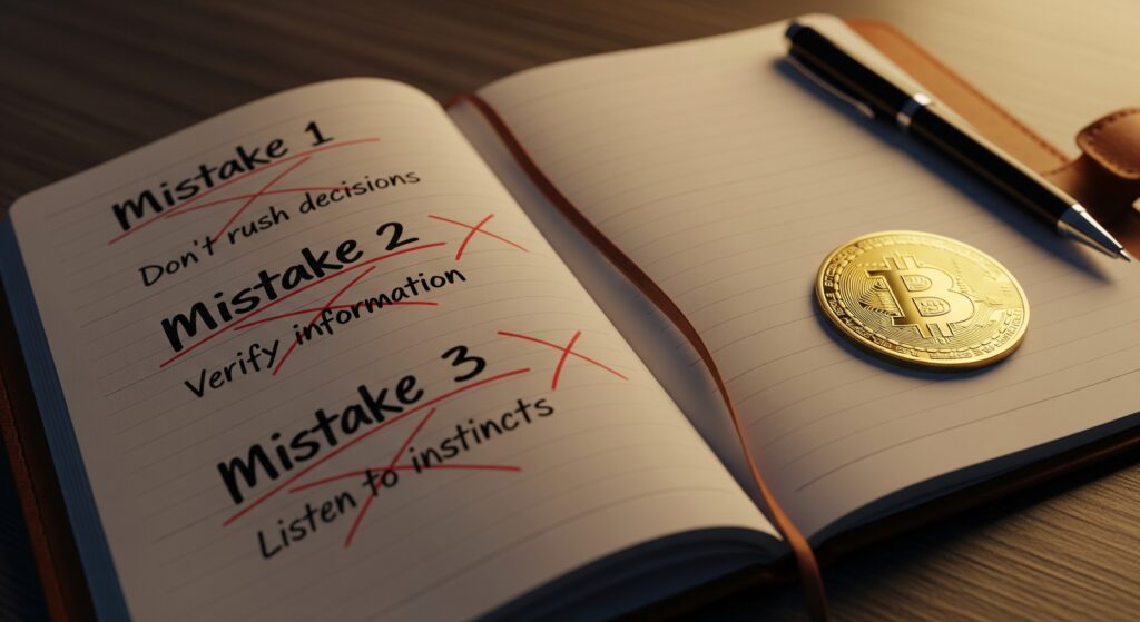 Open personal investment notebook on a dark desk showing three Bitcoin investment mistakes with red X marks and lessons learned beside a Bitcoin coin