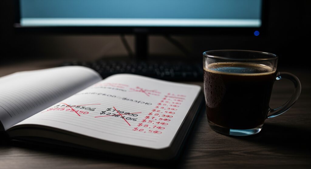 Should I Invest in Crypto? Brutal Cons To Avoid An open notebook on a dark desk with handwritten financial figures crossed out in red ink, illustrating the brutal cons when you invest in crypto. A cold cup of coffee sits beside the book under the dim glow of a computer monitor, creating a raw and personal editorial atmosphere.