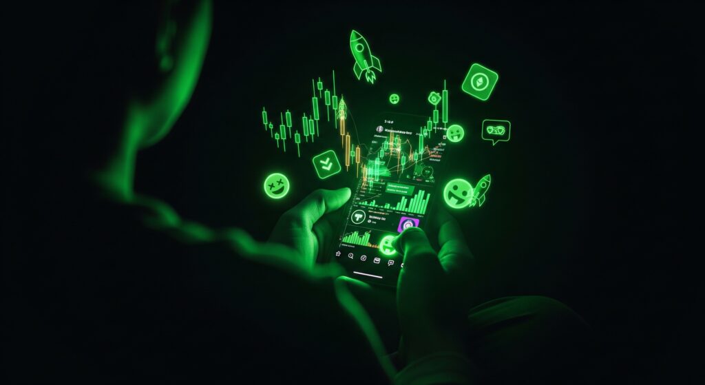 Should I Invest in Crypto? Brutal Cons To Avoid A close-up of a smartphone screen held in a dark room, displaying neon green charts and rocket emojis that tempt investors to invest in crypto. The over-the-shoulder view hides the person's face entirely, highlighting the tense contrast between online hype and isolating reality.