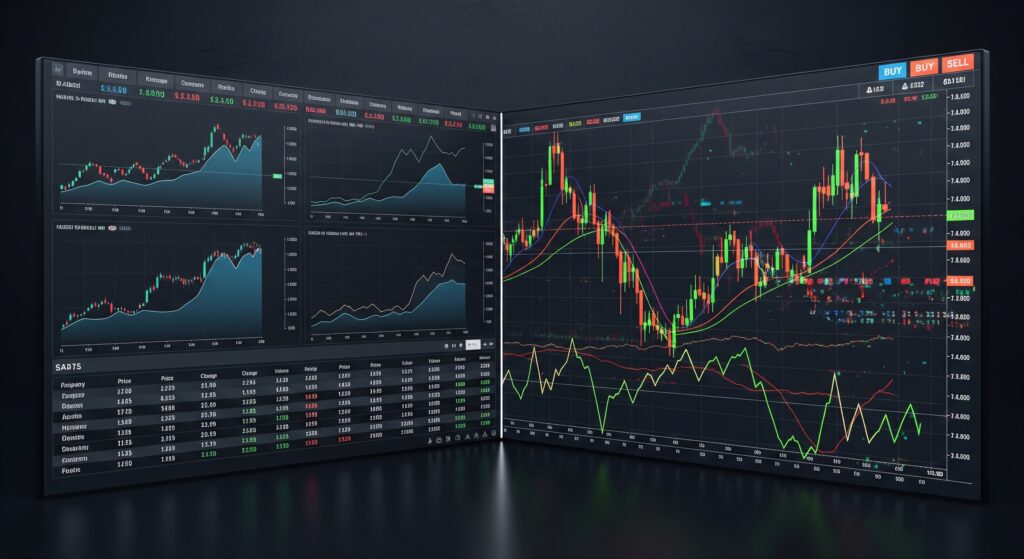 Should I Invest in Crypto? Brutal Cons To Avoid A split-screen visual contrasting traditional finance with the decision to invest in crypto. The left side displays a structured, calm stock market terminal with orderly data, while the right side shows a chaotic cryptocurrency chart with wild price swings, all set against a high-contrast dark background.
