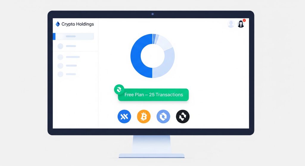  Coinpanda free plan dashboard showing 25 free transactions and crypto portfolio chart