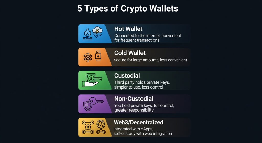5 types of cryptocurrency wallets explained – hot wallet, cold storage, custodial, non-custodial, and Web3 wallet comparison chart