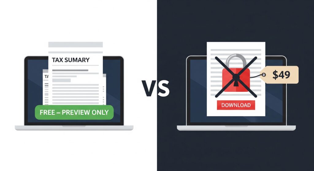  Koinly free vs paid plan comparison — free plan shows preview only, paid plan required to download tax forms