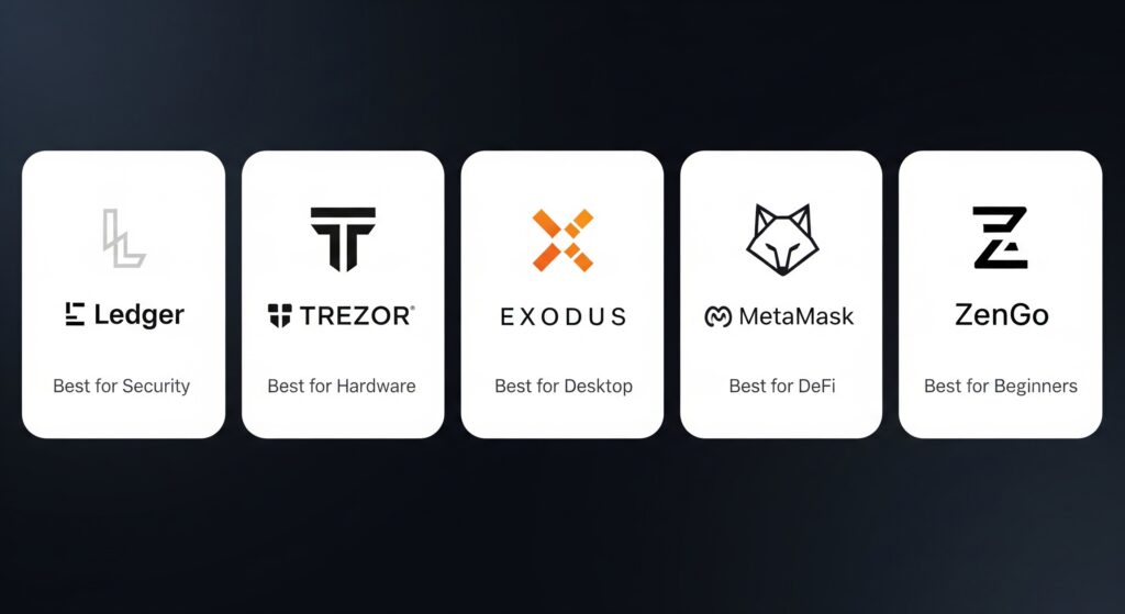 Best crypto wallets list comparison – Ledger, Trezor, Exodus, MetaMask, and ZenGo wallet cards with use case labels