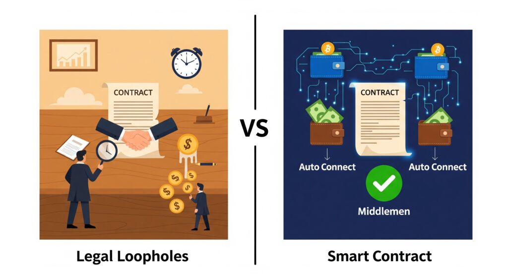 Smart Contracts on Blockchain: What Are They? Side-by-side comparison of a traditional contract with delays and middlemen versus a smart contract on blockchain executing instantly and automatically