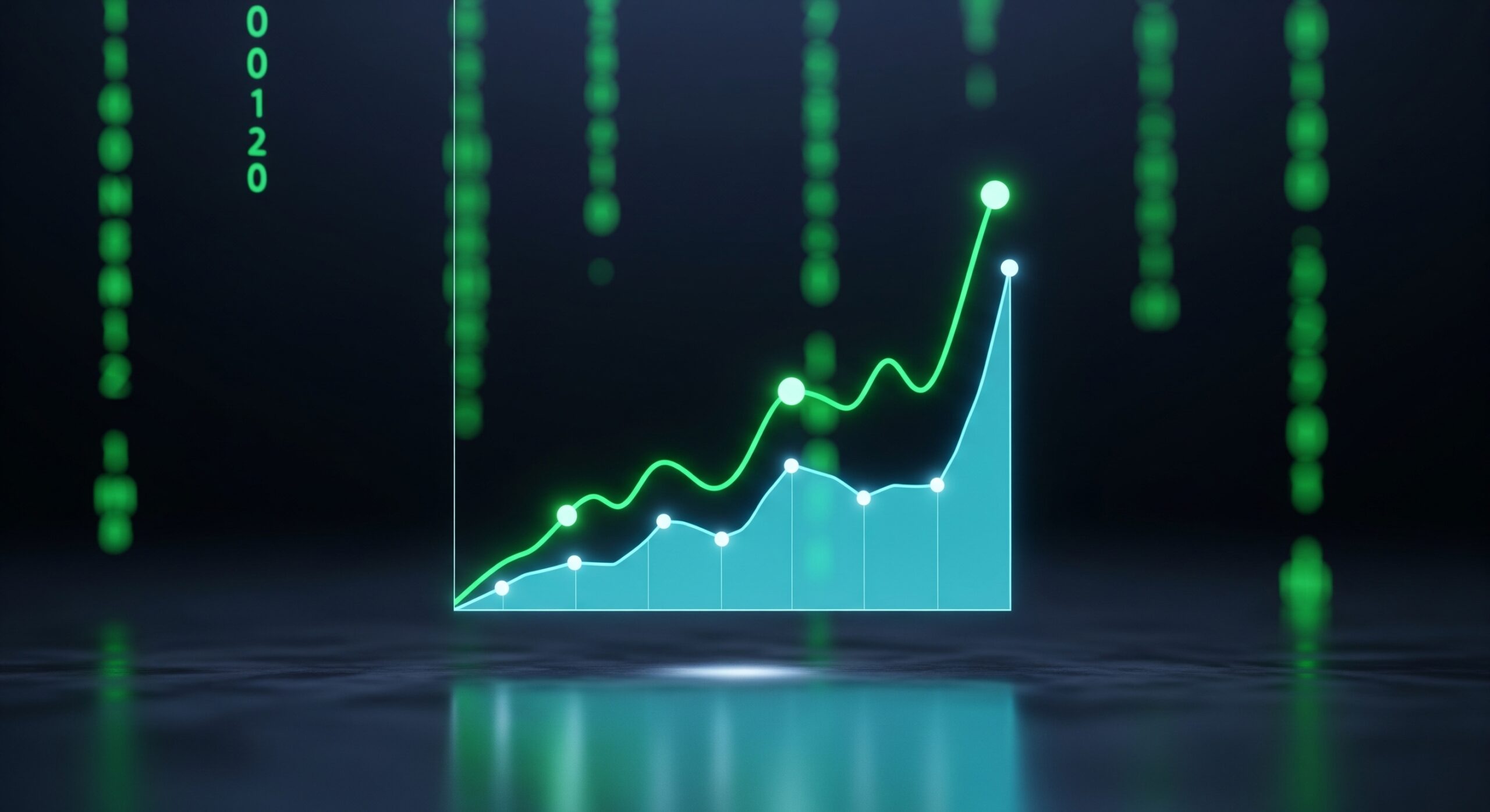 A close-up cinematic render of a glowing 3D holographic financial graph with cyan and green line trends floating over a dark metallic surface with blurred digital code in the background.