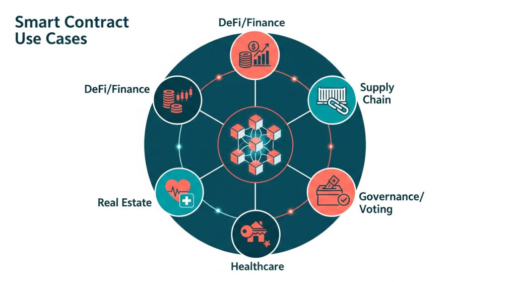Smart Contracts on Blockchain: What Are They? Applications of smart contracts in blockchain across real industries — DeFi, supply chain, healthcare, real estate, and voting — shown as sectors connected to a central blockchain hub