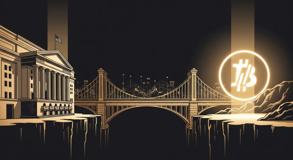  Bitcoin ETF illustrated as a bridge connecting the traditional stock exchange building to the Bitcoin logo representing regulated institutional access to Bitcoin investment