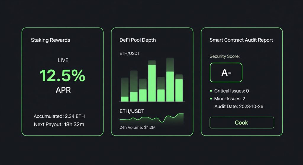 Smart Contracts on Blockchain: What Are They? Ways to make money with smart contracts on blockchain—staking rewards dashboard, DeFi liquidity pool interface, and smart contract audit results shown side by side